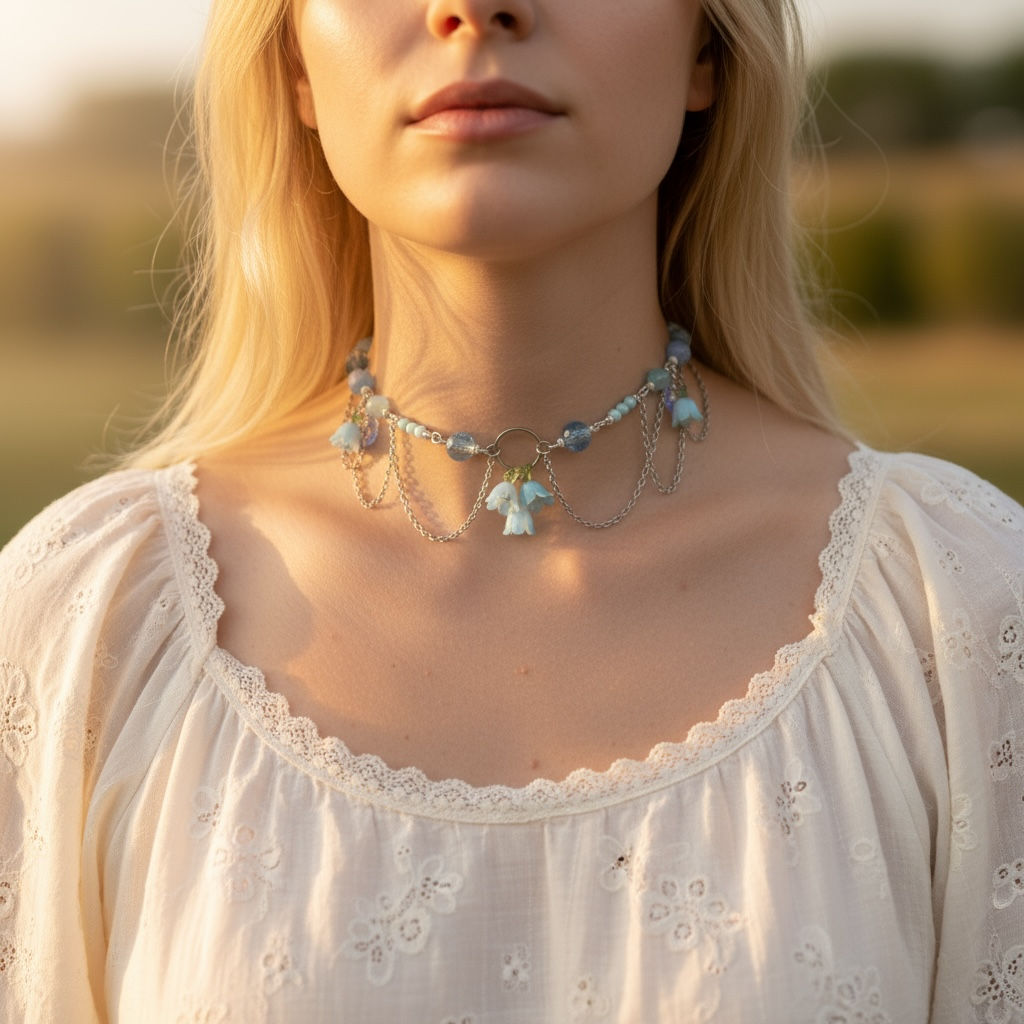 blátt collar hálsmen með blómum úr stáli, gler og áli