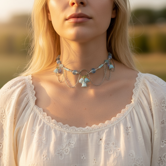 blátt collar hálsmen með blómum úr stáli, gler og áli