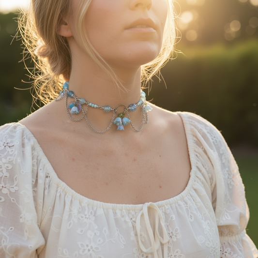 rómantísk blátt hálsmen með keðjum og blómum úr stáli og ál