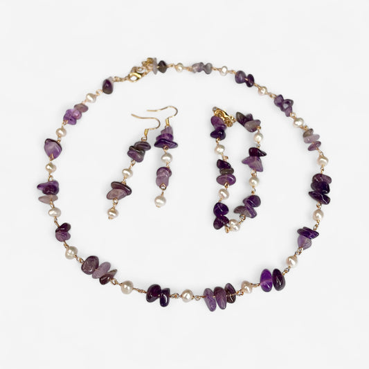 3stk gyllt sett með amethyst steinum og ferskvatnsperlum 